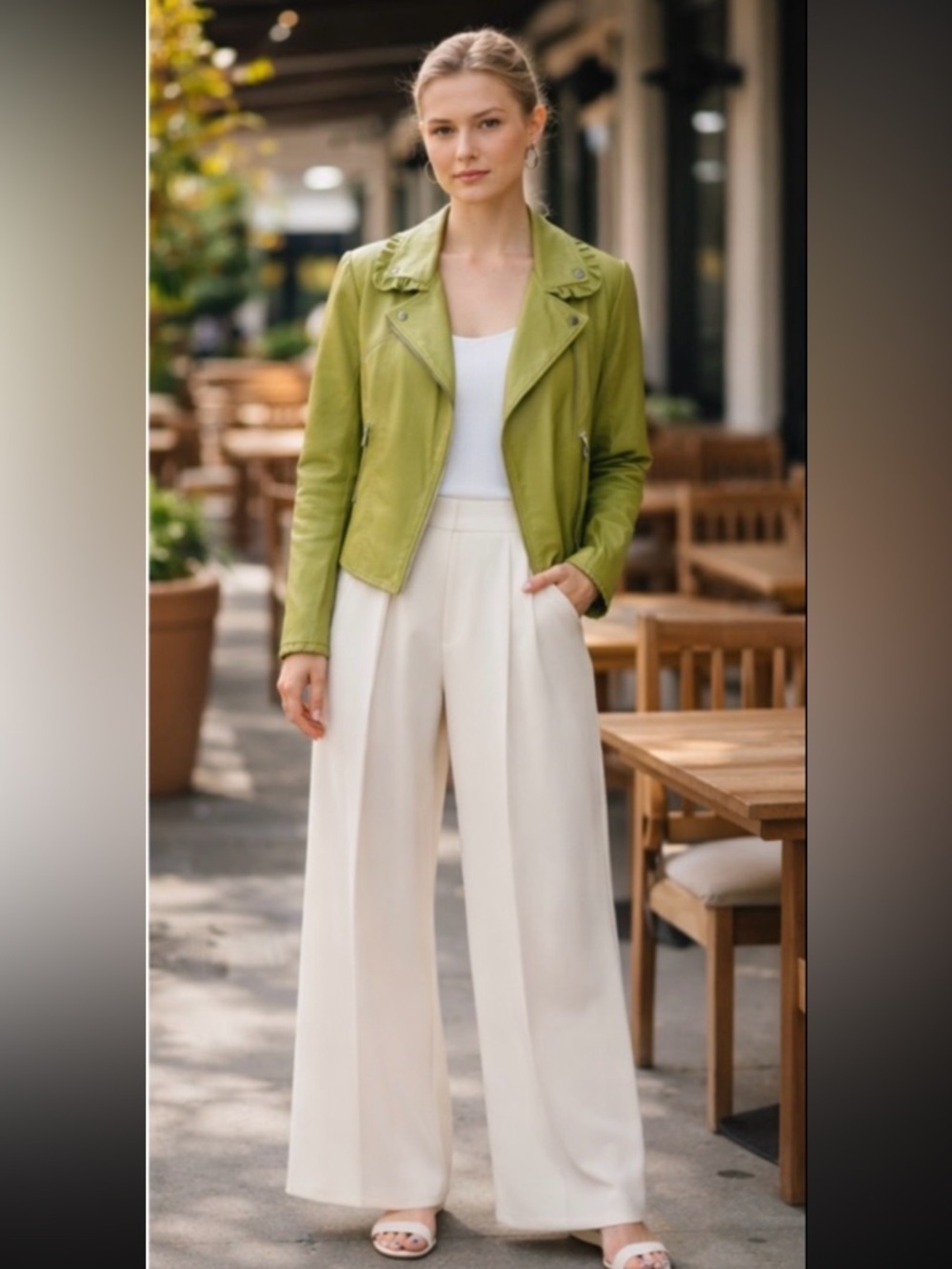 NWT Cinq a Sept Eloise Ruffle Trim Moto Biker Leather Jacket Moss Green Sz 4